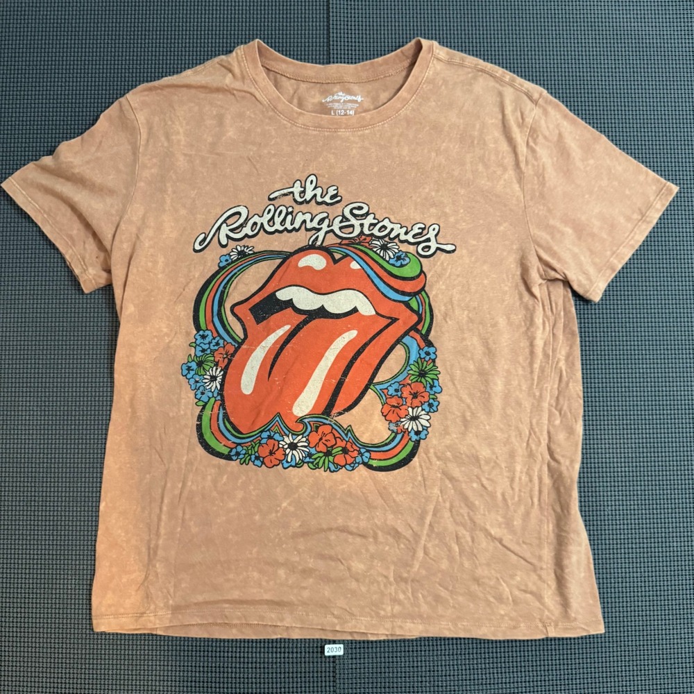 Rolling Stones Graphic Tee L 12-14 Mineral Wash Pink Orange Floral Tongue Logo